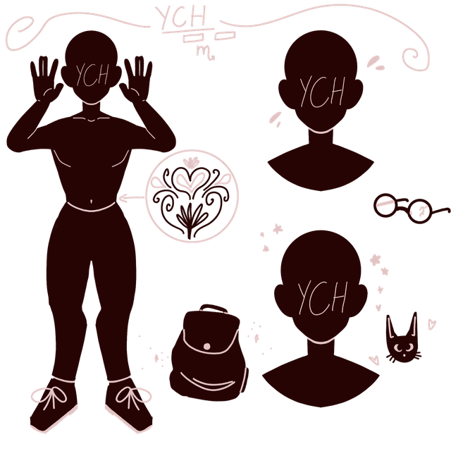 A silhouette of a person as well as some accessories, and two headshots